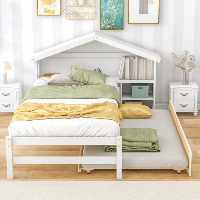 Twin Storage House Bed for kids with Bedside Table, Trundle, White - Supfirm