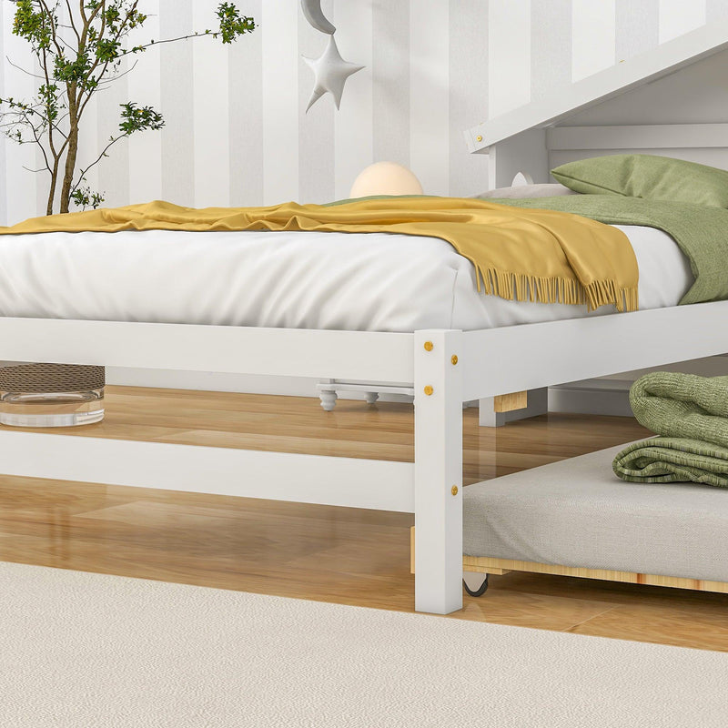 Twin Storage House Bed for kids with Bedside Table, Trundle, White - Supfirm