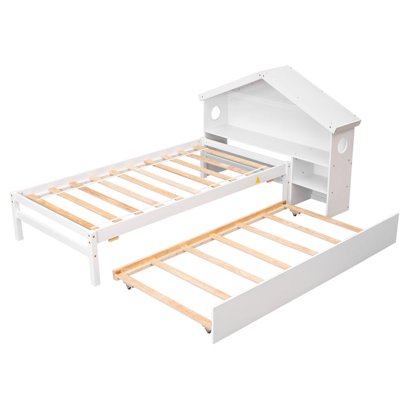 Twin Storage House Bed for kids with Bedside Table, Trundle, White - Supfirm