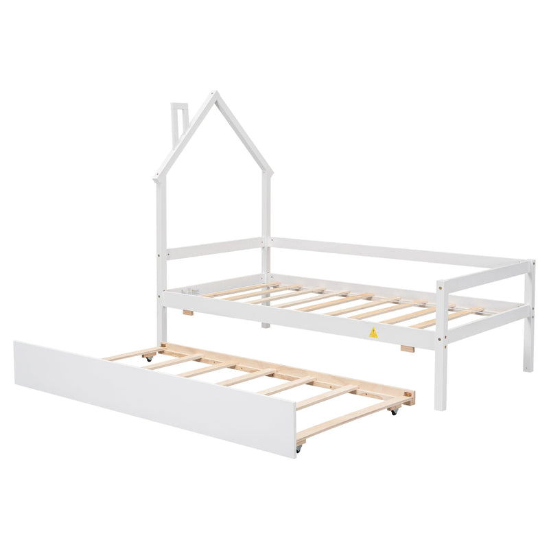 Twin Wooden Daybed with trundle, Twin House-Shaped Headboard bed with Guardrails,White - Supfirm