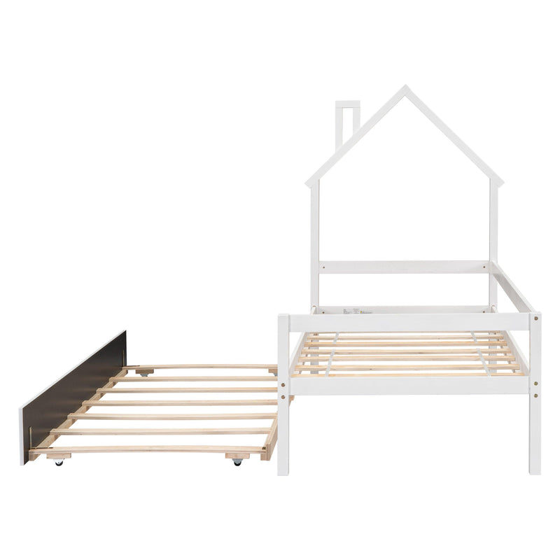 Twin Wooden Daybed with trundle, Twin House-Shaped Headboard bed with Guardrails,White - Supfirm