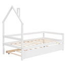 Twin Wooden Daybed with trundle, Twin House-Shaped Headboard bed with Guardrails,White - Supfirm