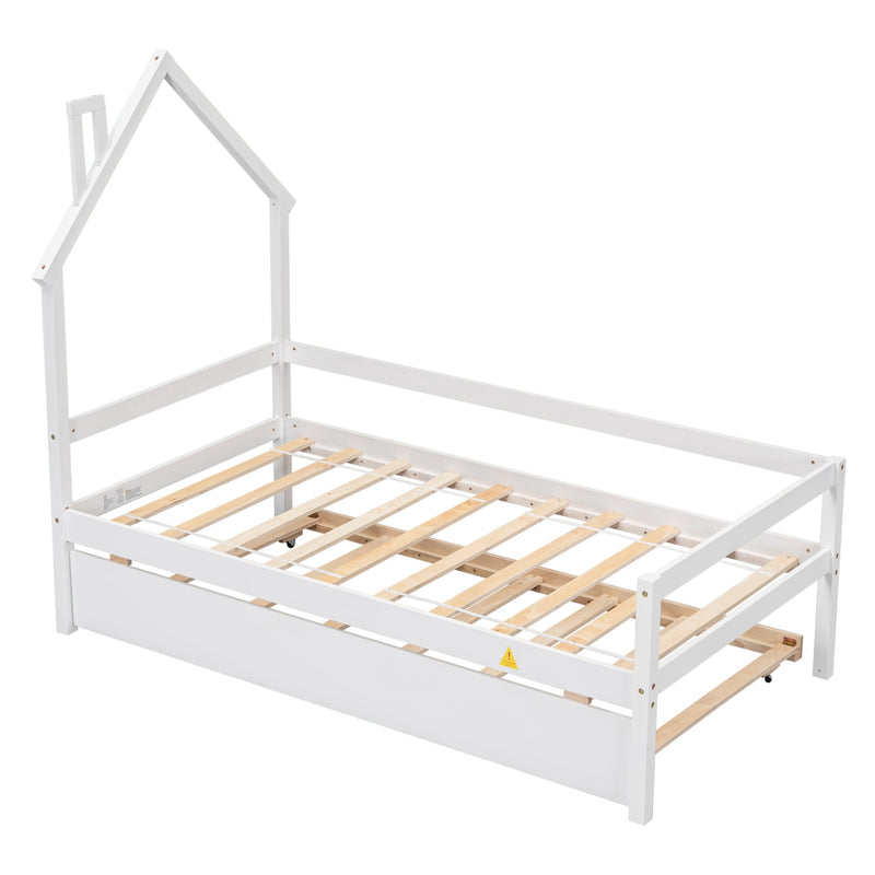 Twin Wooden Daybed with trundle, Twin House-Shaped Headboard bed with Guardrails,White - Supfirm