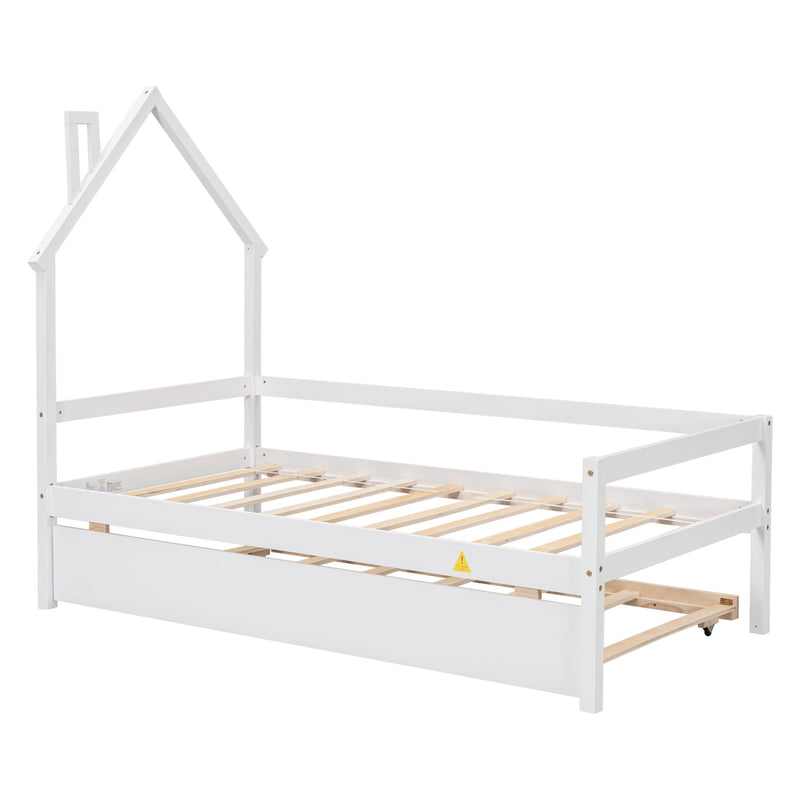 Twin Wooden Daybed with trundle, Twin House-Shaped Headboard bed with Guardrails,White - Supfirm