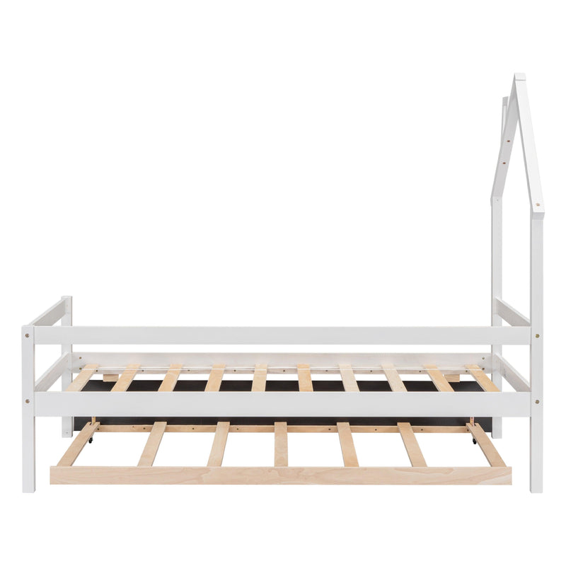 Twin Wooden Daybed with trundle, Twin House-Shaped Headboard bed with Guardrails,White - Supfirm