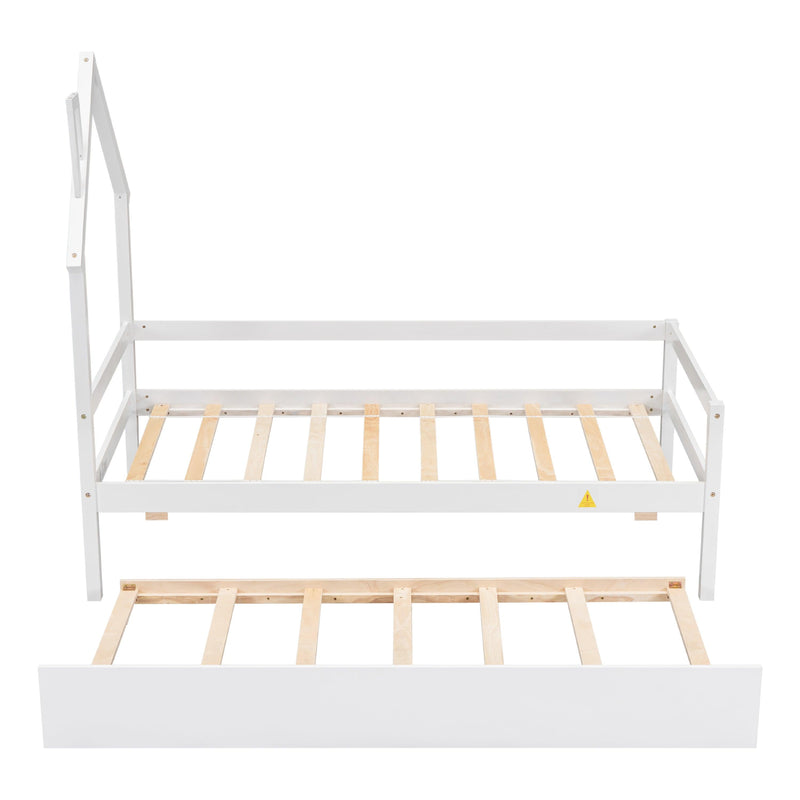 Twin Wooden Daybed with trundle, Twin House-Shaped Headboard bed with Guardrails,White - Supfirm