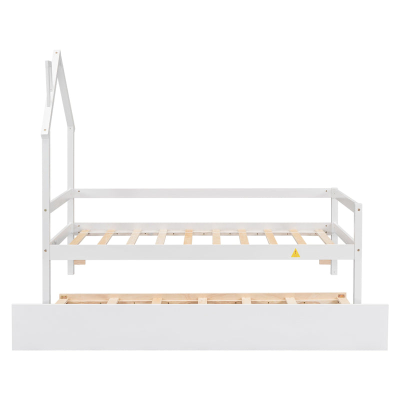 Twin Wooden Daybed with trundle, Twin House-Shaped Headboard bed with Guardrails,White - Supfirm