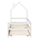 Twin Wooden Daybed with trundle, Twin House-Shaped Headboard bed with Guardrails,White - Supfirm