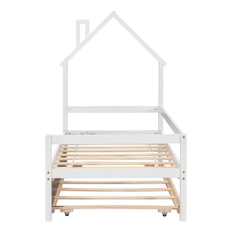 Twin Wooden Daybed with trundle, Twin House-Shaped Headboard bed with Guardrails,White - Supfirm