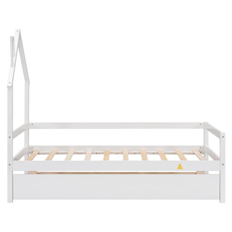 Twin Wooden Daybed with trundle, Twin House-Shaped Headboard bed with Guardrails,White - Supfirm