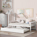 Twin Wooden Daybed with trundle, Twin House-Shaped Headboard bed with Guardrails,White - Supfirm