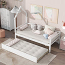 Twin Wooden Daybed with trundle, Twin House-Shaped Headboard bed with Guardrails,White - Supfirm