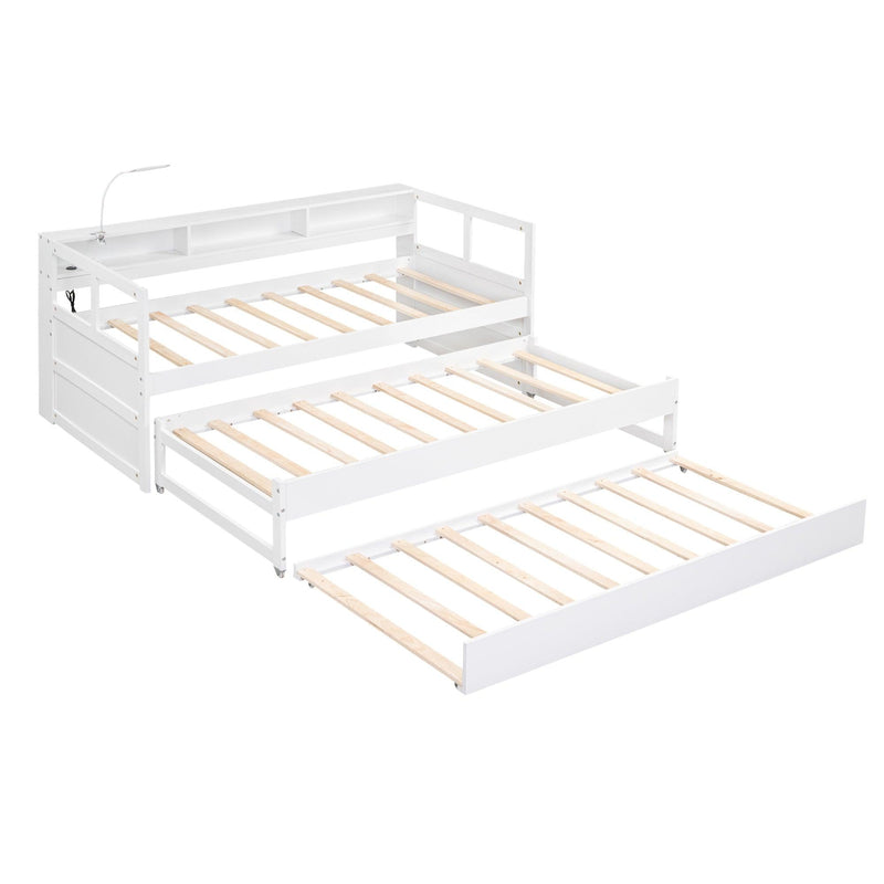 Twin XL Wood Daybed with 2 Trundles, 3 Storage Cubbies, 1 Light for Free and USB Charging Design, White - Supfirm