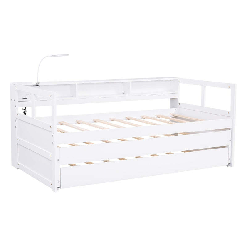 Twin XL Wood Daybed with 2 Trundles, 3 Storage Cubbies, 1 Light for Free and USB Charging Design, White - Supfirm