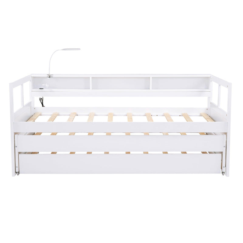 Twin XL Wood Daybed with 2 Trundles, 3 Storage Cubbies, 1 Light for Free and USB Charging Design, White - Supfirm