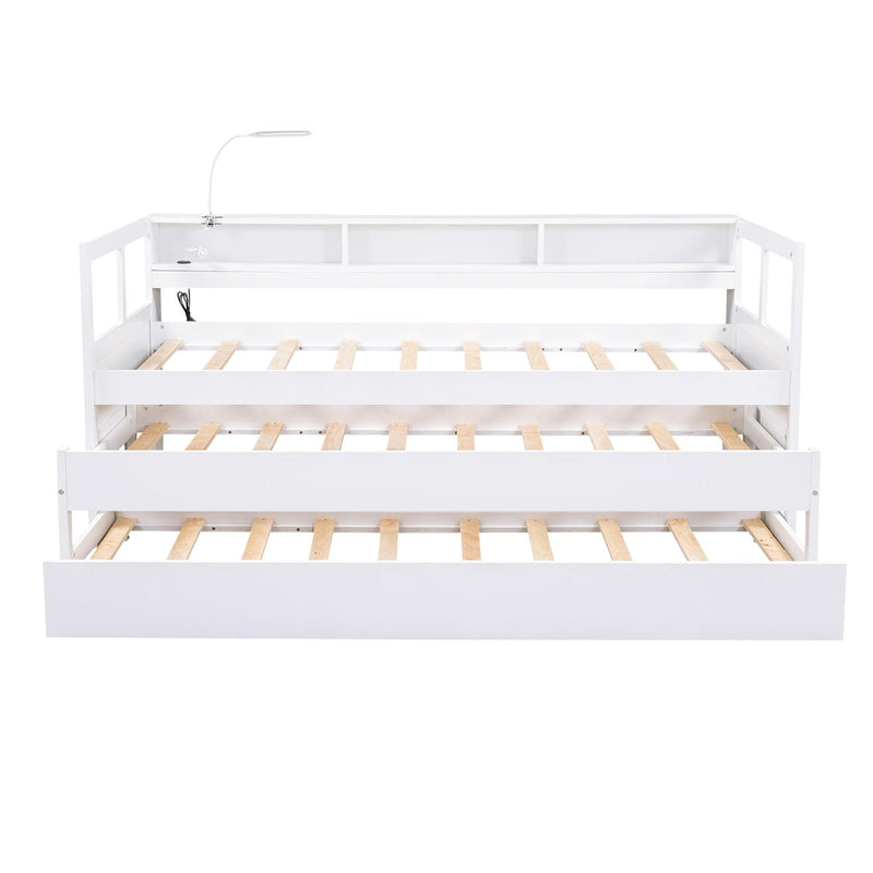 Twin XL Wood Daybed with 2 Trundles, 3 Storage Cubbies, 1 Light for Free and USB Charging Design, White - Supfirm