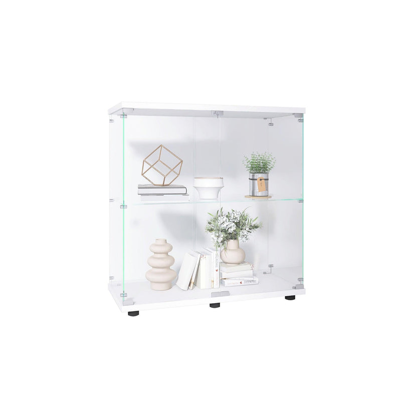 Two-door Glass Display Cabinet 2 Shelves with Door, Floor Standing Curio Bookshelf for Living Room Bedroom Office, 33.35"*31.69"*14.37",White - Supfirm