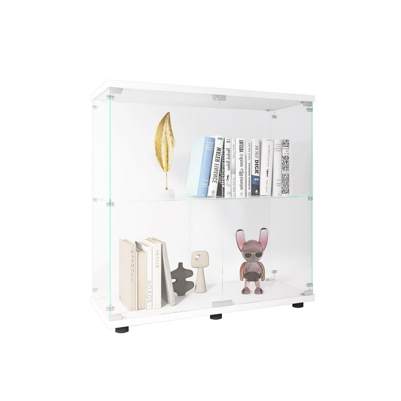 Two-door Glass Display Cabinet 2 Shelves with Door, Floor Standing Curio Bookshelf for Living Room Bedroom Office, 33.35"*31.69"*14.37",White - Supfirm