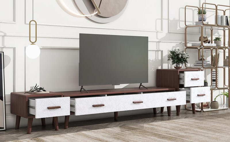 U-Can 3 Piece TV Stand set, 1 TV Stand and 2 End Tables with Drawers and Embossed Patterns for Living Room, Brown+White - Supfirm