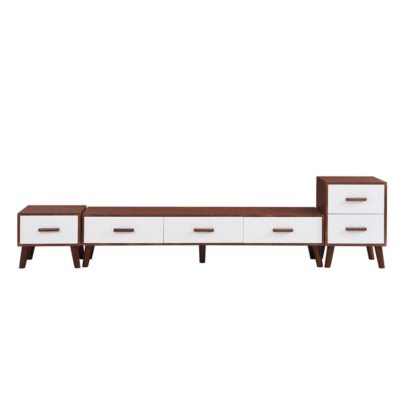 U-Can 3 Piece TV Stand set, 1 TV Stand and 2 End Tables with Drawers and Embossed Patterns for Living Room, Brown+White - Supfirm