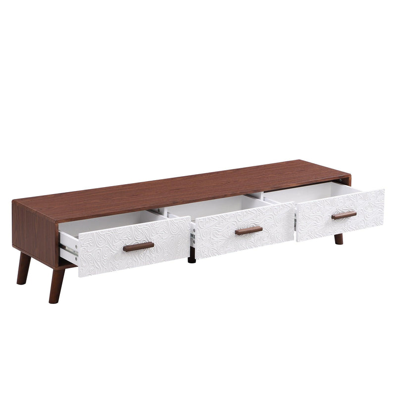 U-Can Modern TV Stand with 3 Drawers Adorned with Embossed Patterns for 65+ Inch TV, Rectangle Entertainment Center with Ample Storage Space for Living Room, Brown+White - Supfirm