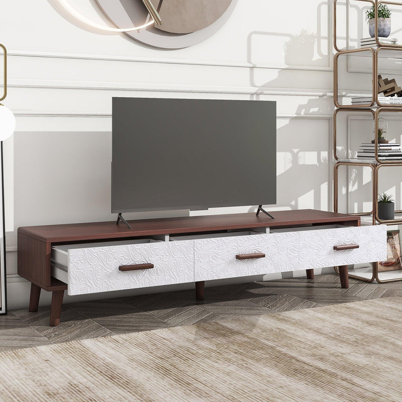 U-Can Modern TV Stand with 3 Drawers Adorned with Embossed Patterns for 65+ Inch TV, Rectangle Entertainment Center with Ample Storage Space for Living Room, Brown+White - Supfirm