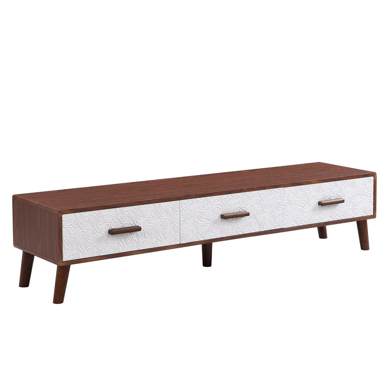 U-Can Modern TV Stand with 3 Drawers Adorned with Embossed Patterns for 65+ Inch TV, Rectangle Entertainment Center with Ample Storage Space for Living Room, Brown+White - Supfirm