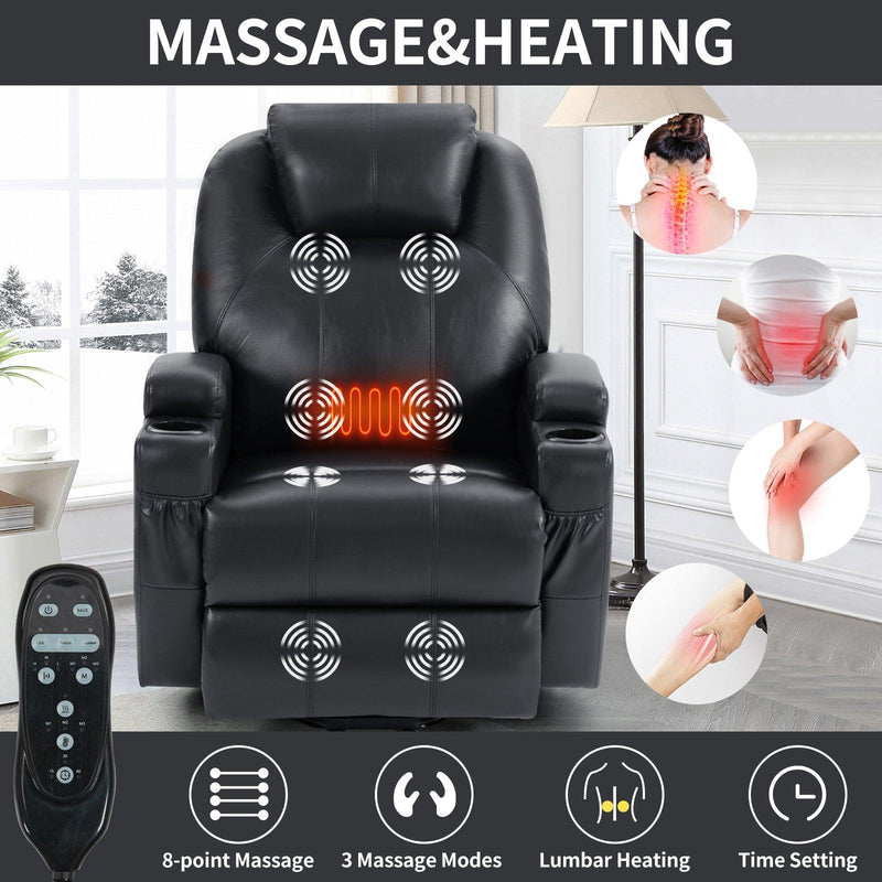 Up to 350lbs Okin Motor Power Lift Recliner Chair for Elderly, Heavy Duty Motion Mechanism with 8-Point Vibration Massage and Lumbar Heating, Two Cup Holders and USB Charge Port, Black - Supfirm