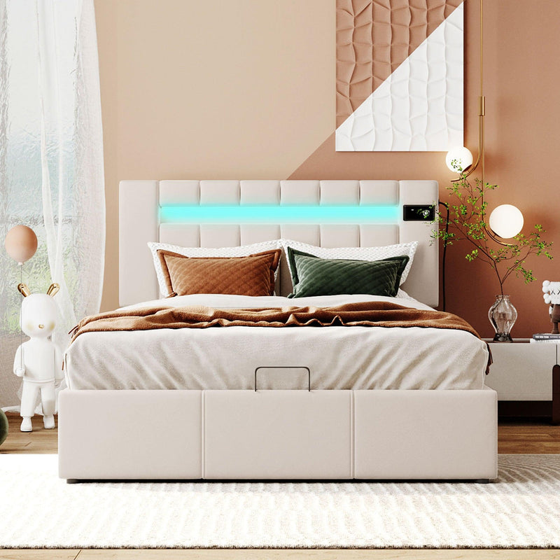 Upholstered Bed Full Size with LED light, Bluetooth Player and USB Charging, Hydraulic Storage Bed in Beige Velvet Fabric - Supfirm