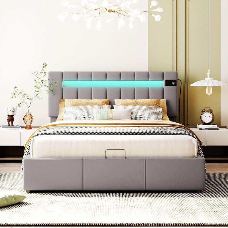 Upholstered Bed Queen Size with LED light, Bluetooth Player and USB Charging, Hydraulic Storage Bed in Gray Velvet Fabric - Supfirm