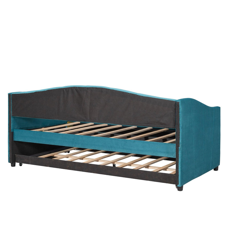 Upholstered Daybed Sofa Bed Twin Size With Trundle Bed and Wood Slat ,Blue - Supfirm