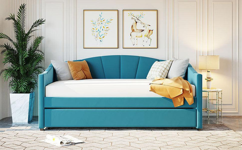 Upholstered Daybed Sofa Bed Twin Size With Trundle Bed and Wood Slat ,Blue - Supfirm