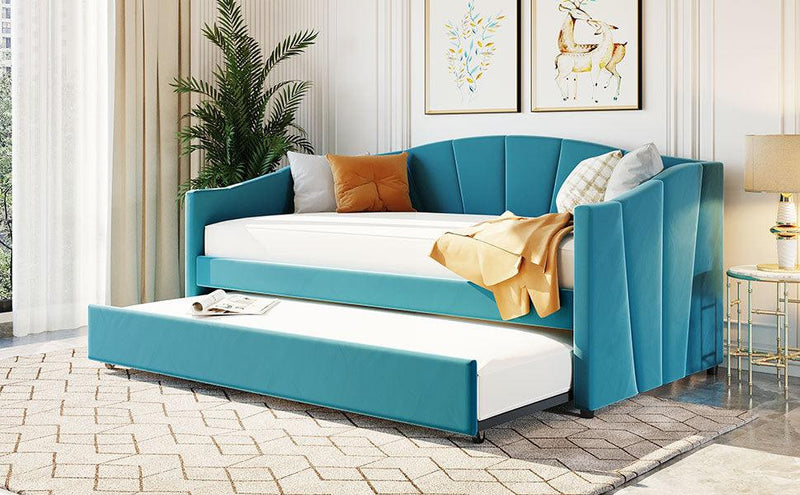 Upholstered Daybed Sofa Bed Twin Size With Trundle Bed and Wood Slat ,Blue - Supfirm