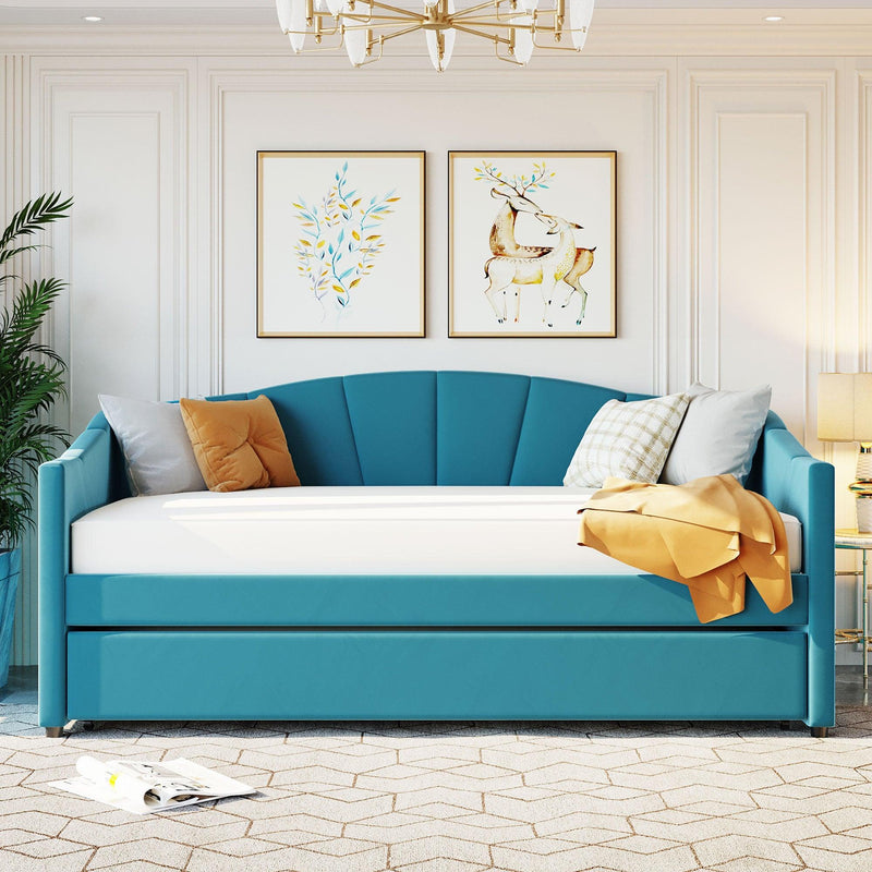 Upholstered Daybed Sofa Bed Twin Size With Trundle Bed and Wood Slat ,Blue - Supfirm