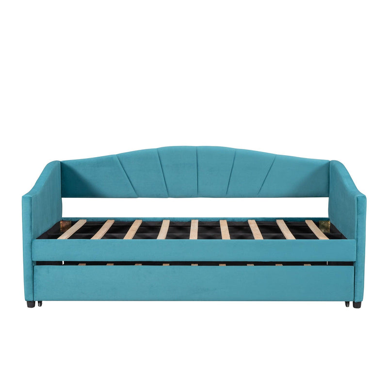 Upholstered Daybed Sofa Bed Twin Size With Trundle Bed and Wood Slat ,Blue - Supfirm