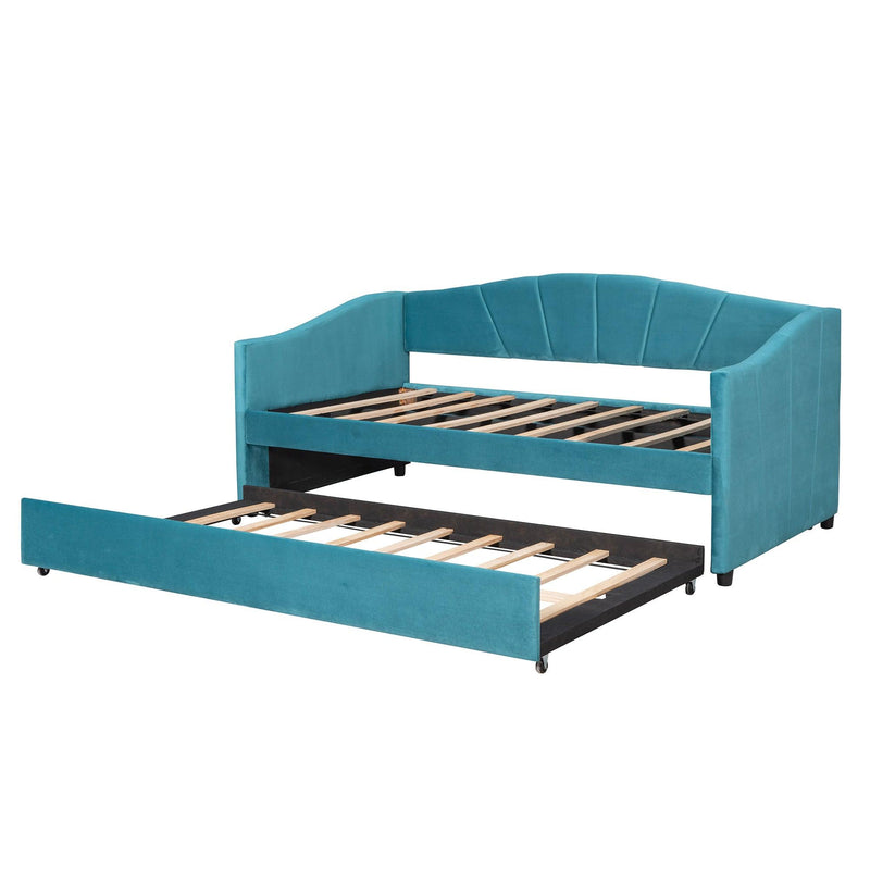 Upholstered Daybed Sofa Bed Twin Size With Trundle Bed and Wood Slat ,Blue - Supfirm