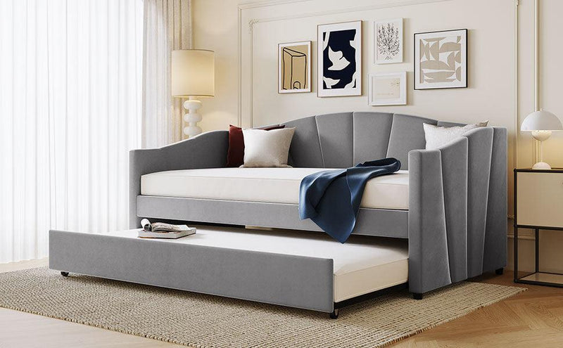 Upholstered Daybed Sofa Bed Twin Size With Trundle Bed and Wood Slat ,Gray - Supfirm