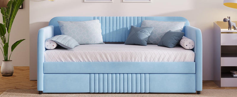 Upholstered Daybed Sofa Bed Twin Size With Trundle Bed and Wood Slat, Light Blue - Supfirm