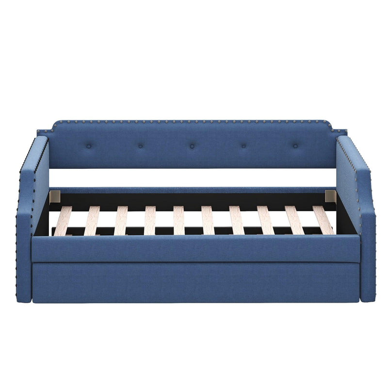 Upholstered Daybed with Trundle, Wood Slat Support,Upholstered Frame Sofa Bed , Twin,Blue - Supfirm