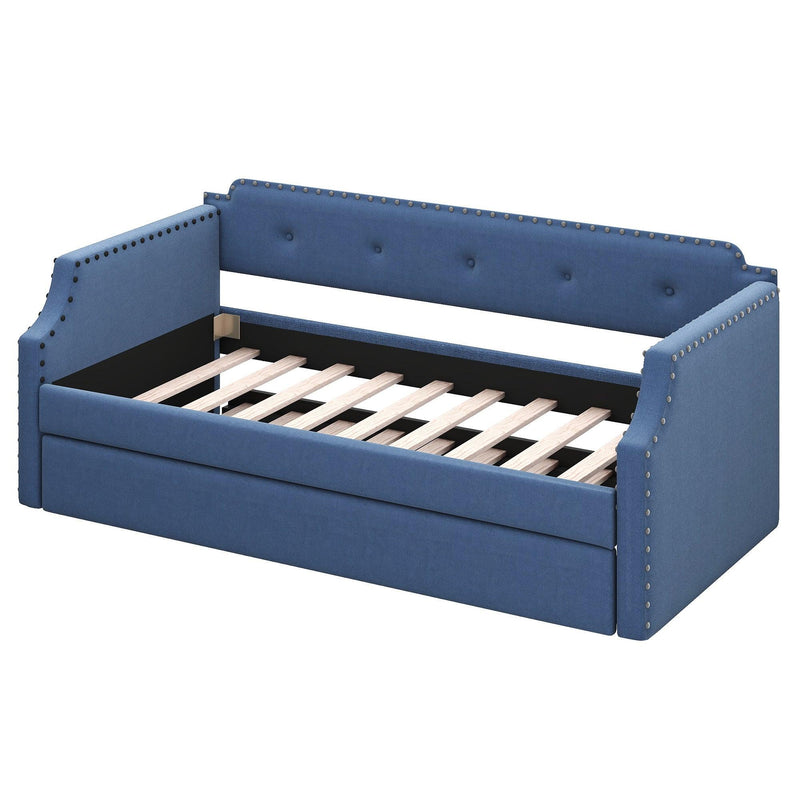 Upholstered Daybed with Trundle, Wood Slat Support,Upholstered Frame Sofa Bed , Twin,Blue - Supfirm