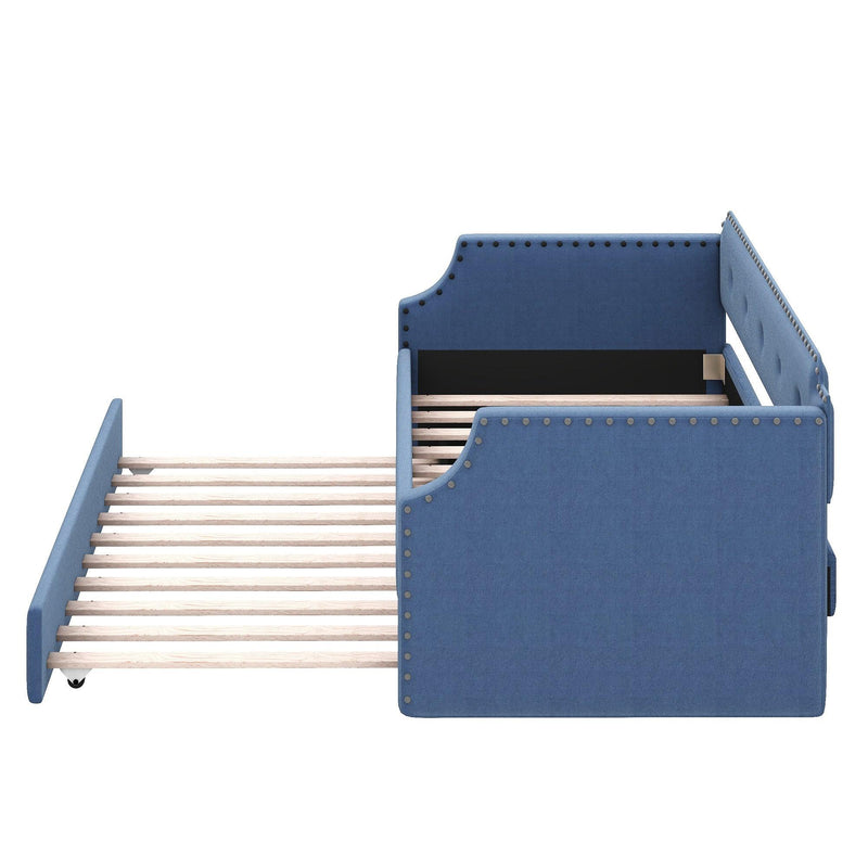 Upholstered Daybed with Trundle, Wood Slat Support,Upholstered Frame Sofa Bed , Twin,Blue - Supfirm