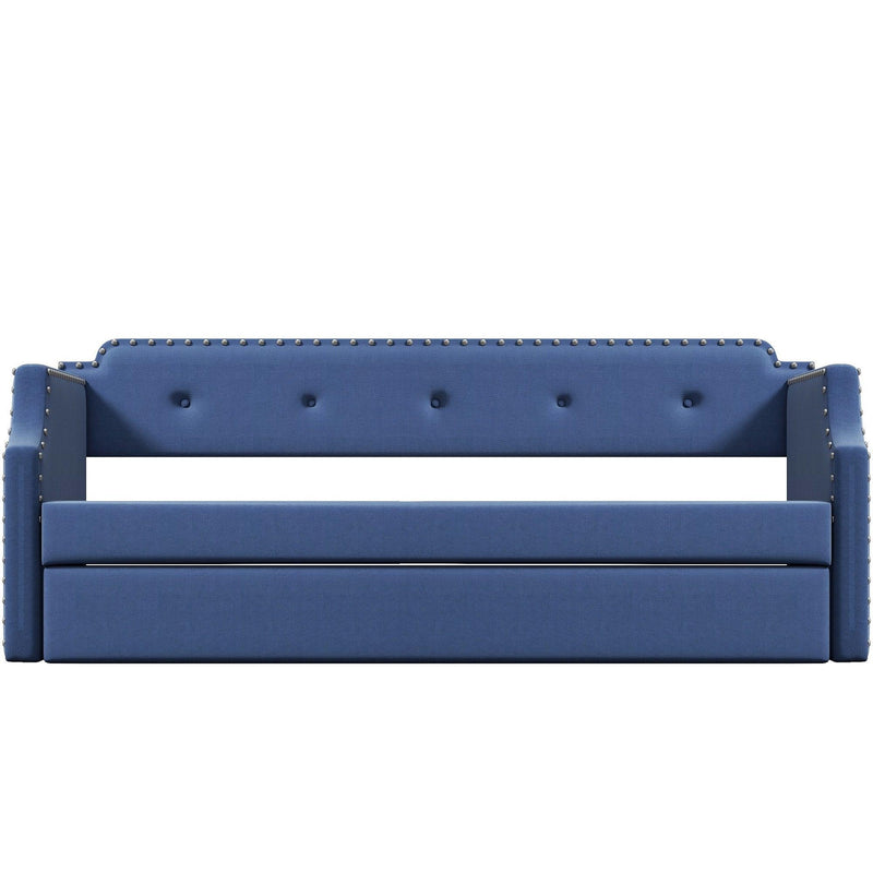 Upholstered Daybed with Trundle, Wood Slat Support,Upholstered Frame Sofa Bed , Twin,Blue - Supfirm