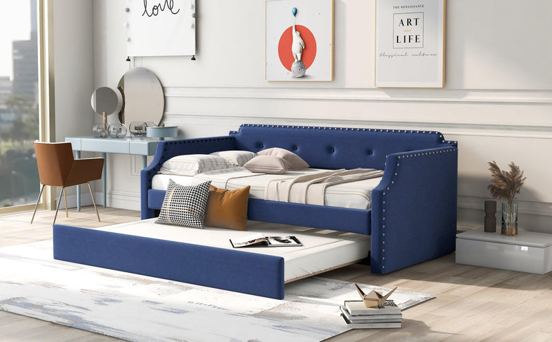 Upholstered Daybed with Trundle, Wood Slat Support,Upholstered Frame Sofa Bed , Twin,Blue - Supfirm