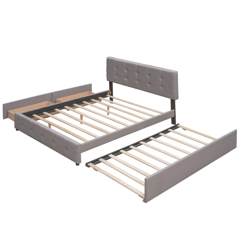 Upholstered Platform Bed with 2 Drawers and 1 Twin XL Trundle, Linen Fabric, Queen Size - Light Gray(OLD SKU :LP000314AAN) - Supfirm