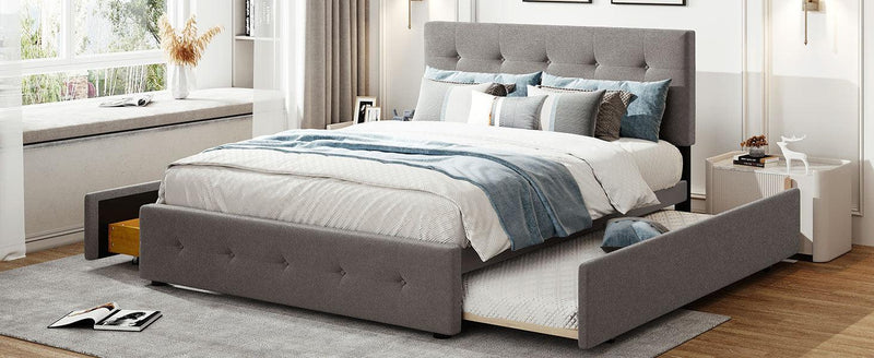 Upholstered Platform Bed with 2 Drawers and 1 Twin XL Trundle, Linen Fabric, Queen Size - Light Gray(OLD SKU :LP000314AAN) - Supfirm