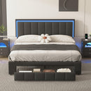 Upholstered Platform Bed with LED Lights and Two Motion Activated Night Lights,Queen Size Storage Bed with Drawer, Black - Supfirm