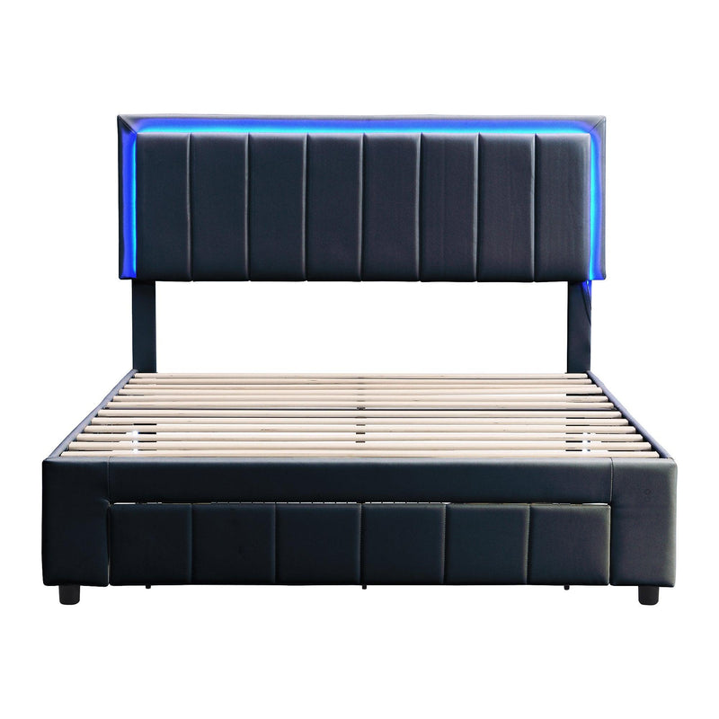 Upholstered Platform Bed with LED Lights and Two Motion Activated Night Lights,Queen Size Storage Bed with Drawer, Black - Supfirm