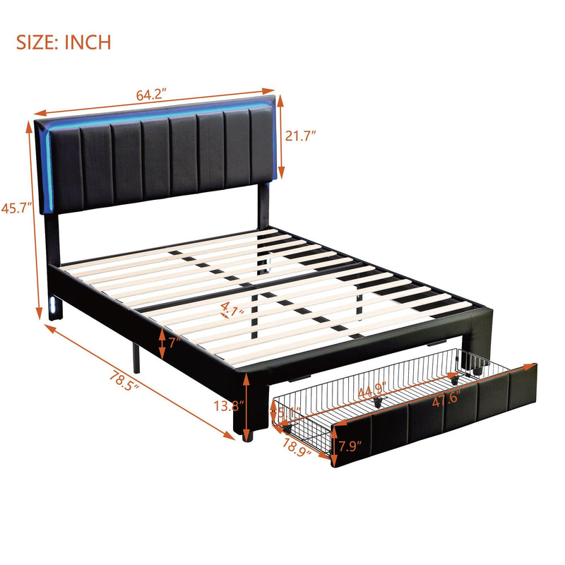 Upholstered Platform Bed with LED Lights and Two Motion Activated Night Lights,Queen Size Storage Bed with Drawer, Black - Supfirm