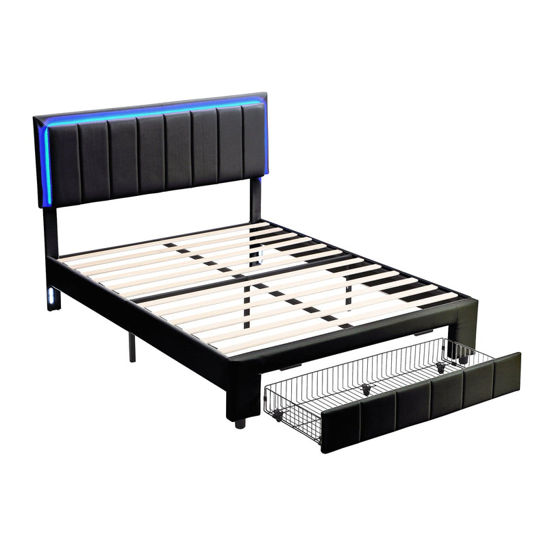 Upholstered Platform Bed with LED Lights and Two Motion Activated Night Lights,Queen Size Storage Bed with Drawer, Black - Supfirm