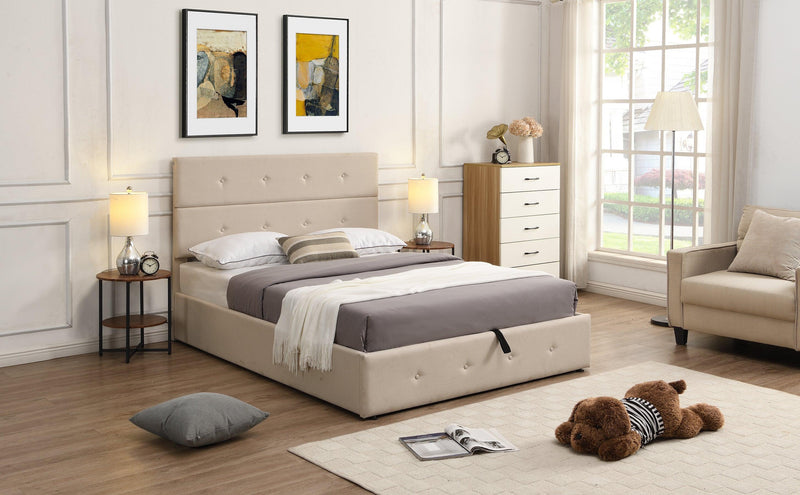 Upholstered Platform Bed with Underneath Storage,Full Size,Beige - Supfirm